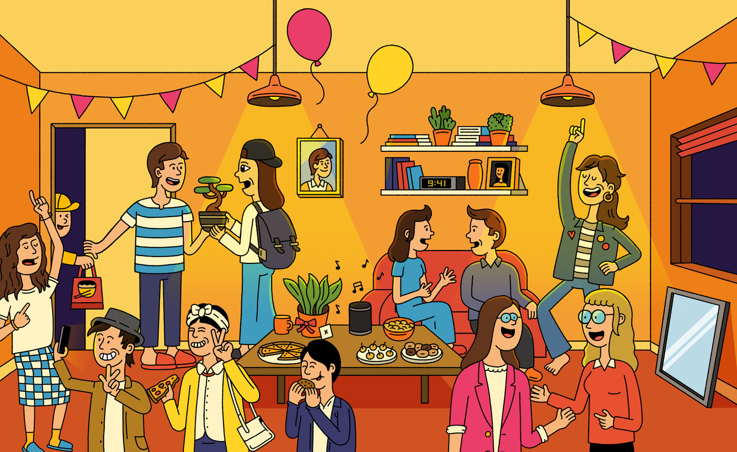 Cartoon illustration of a diverse group of young adults enjoying a house party with food, music, and festive decorations in a warm indoor setting.