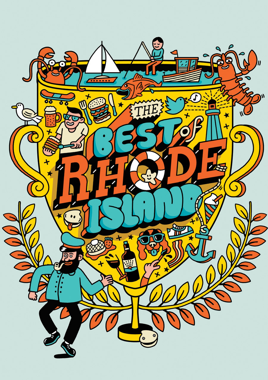 Illustrated trophy cup filled with Rhode Island icons like lobsters, sailboats, and seafood, with a cartoon sailor at the base.