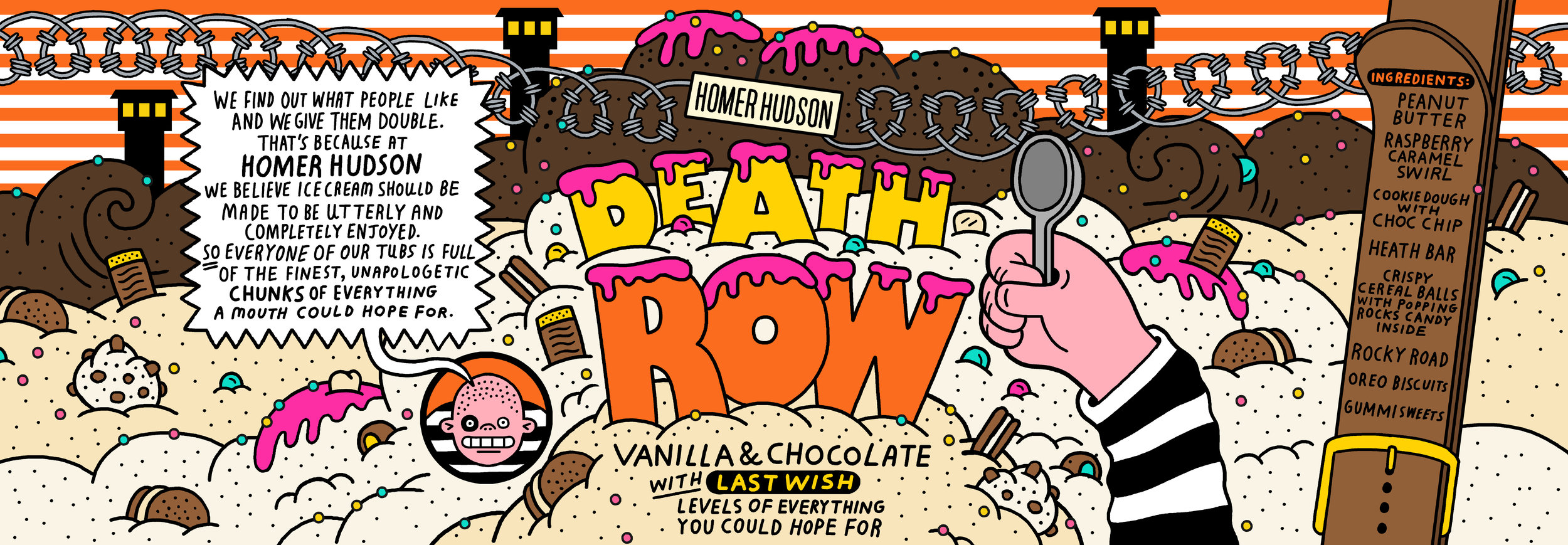 Whimsical cartoon illustration for Homer Hudson ice cream features text, ingredients, prison theme, hand holding spoon, dessert chunks.