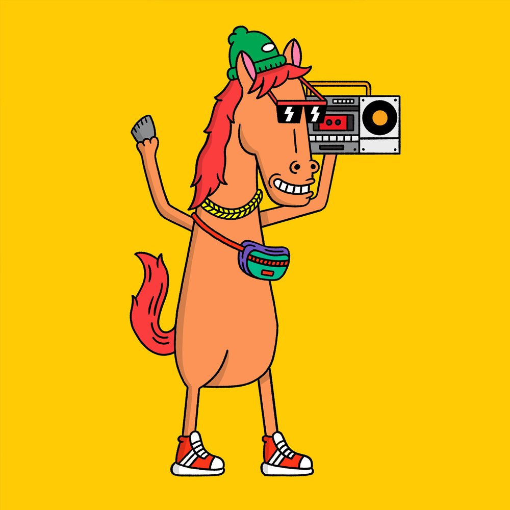 Cartoon horse character wearing sunglasses and a hat holding a boombox and wearing a fanny pack on a yellow background.