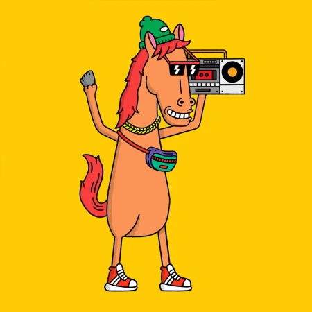 Cartoon horse character wearing sunglasses and a hat holding a boombox and wearing a fanny pack on a yellow background.