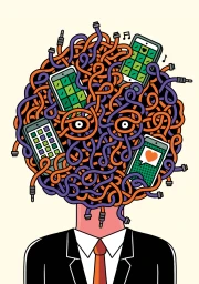 Illustration of a businessman with a tangled mass of orange and purple cables and smartphones for hair