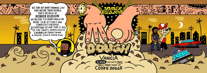 Illustrated horizontal comic panel by Serge Seidlitz showing giant hands reaching over cookie dough with speech bubble and city skyline background