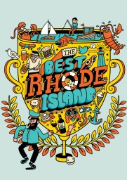 Colorful vector illustration by Serge Seidlitz featuring a trophy cup filled with tiny scenes and the text The Best of Rhode Island.