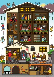 Detailed illustrated cutaway of a ski chalet showing multiple rooms with various people engaged in different activities by Serge Seidlitz