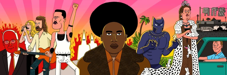 Digital illustration by Serge Seidlitz featuring a central Black figure with an afro and various characters against a pink ray background
