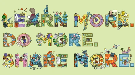 Colorful illustrated typography reading Learn More Do More Share More featuring tiny scenes inside letters by Serge Seidlitz