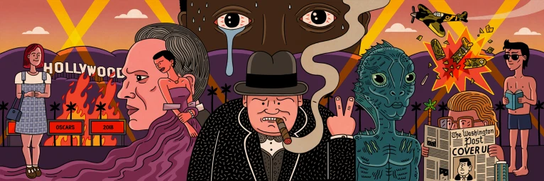 Illustrated mural style collage featuring Hollywood figures, an airplane, and various characters by Serge Seidlitz