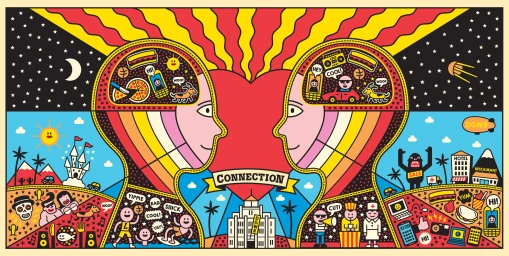 Colorful vector illustration by Serge Seidlitz featuring two profile heads enclosing detailed scenes with a large red heart