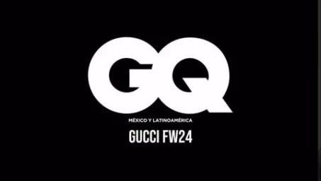 White GQ magazine logo centered over black background with Gucci FW24 text below