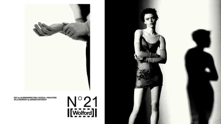 Monochrome diptych showing a model in a lace slip dress and long gloves with a stark shadow cast against a white wall.