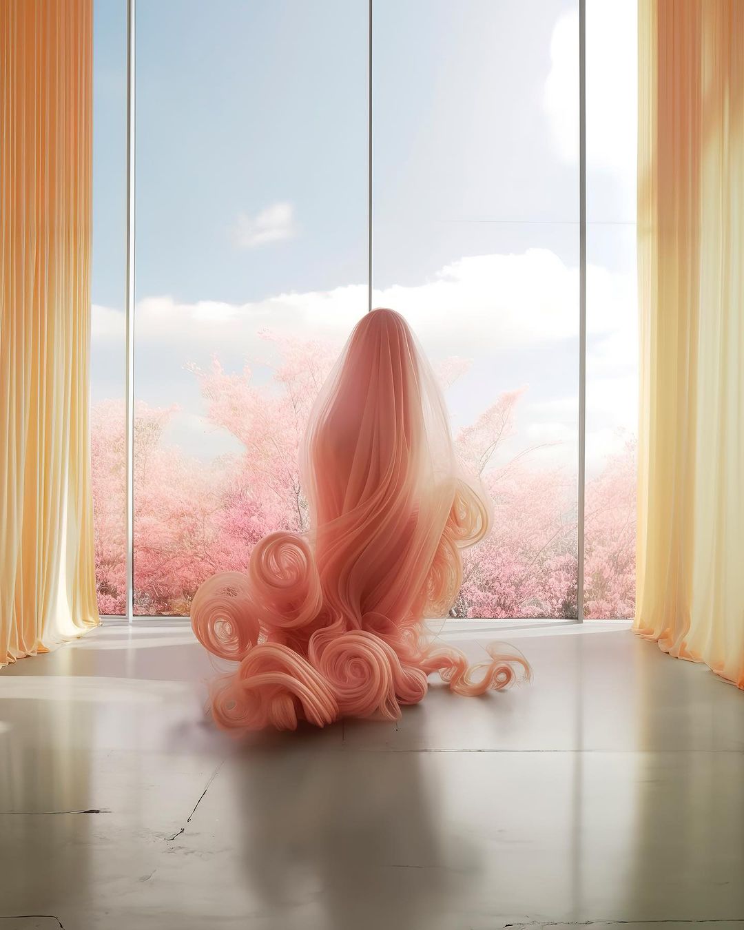 Person draped in swirling pink fabric stands near window overlooking cherry blossoms, filtered sunlight, light peach curtains.