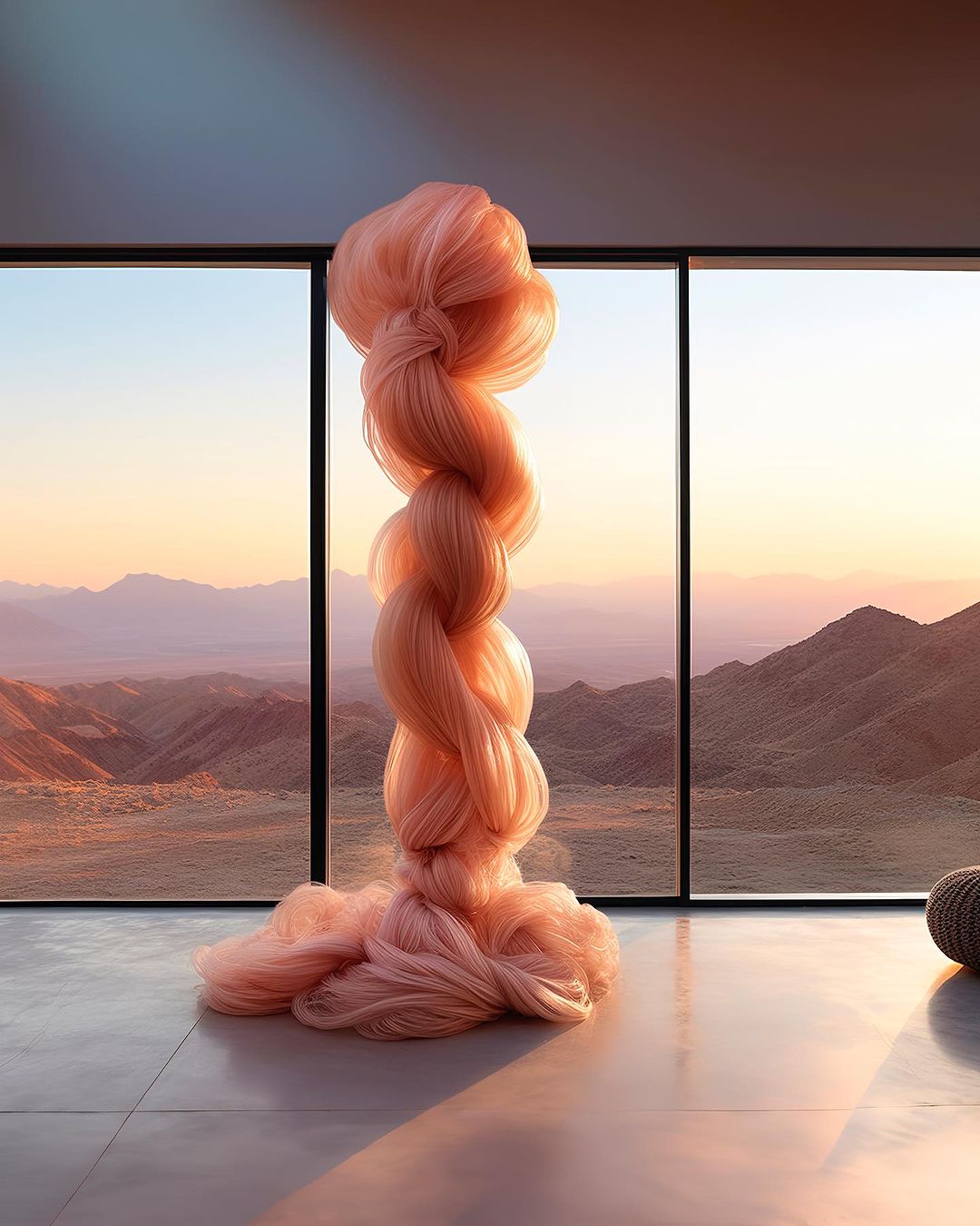 Abstract peach-toned textile sculpture in a modern room with mountain vista, reflecting soft light and serene beauty in minimalist setting.
