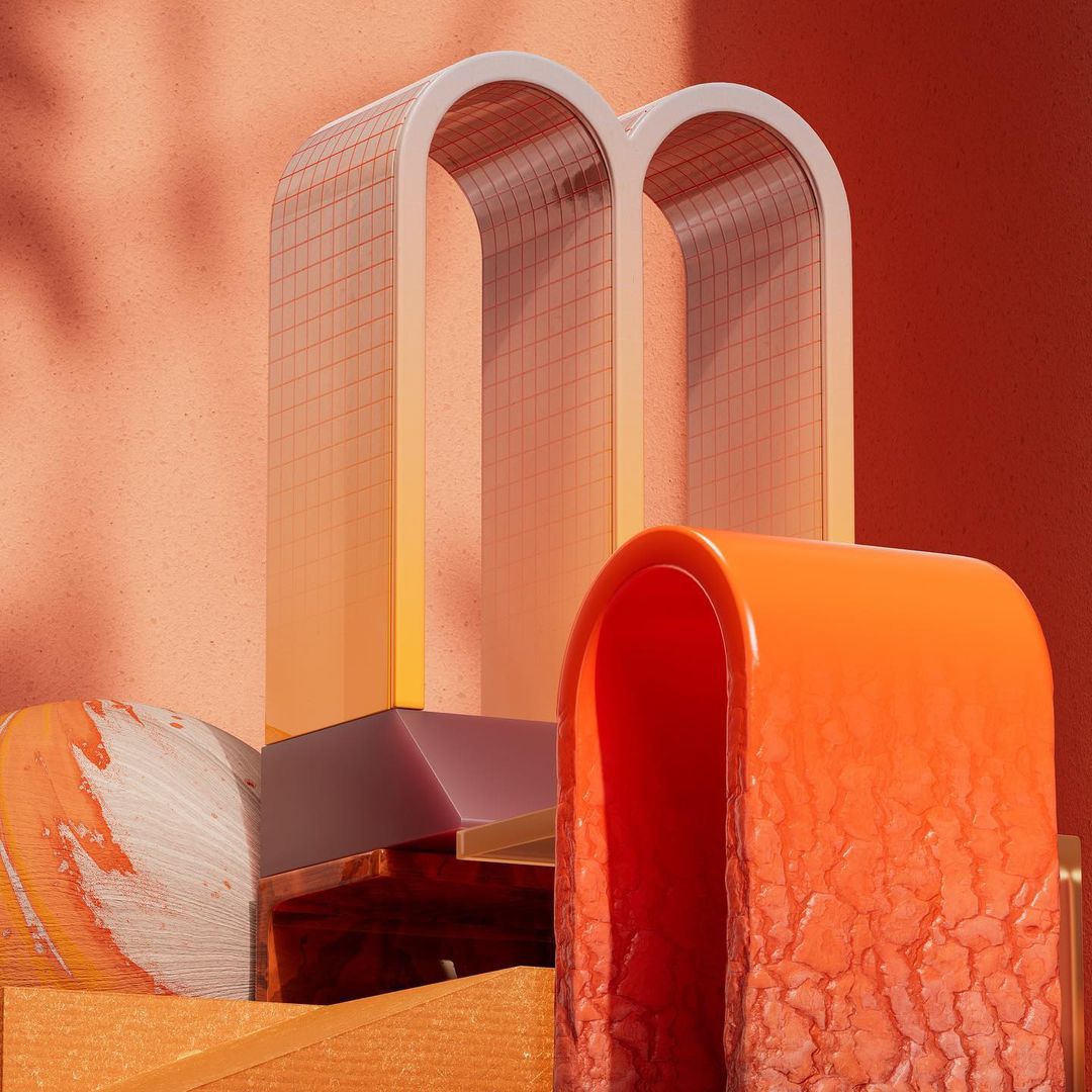 Abstract orange and white geometric shapes with arches and textured elements in a minimalist composition against a textured peach background.