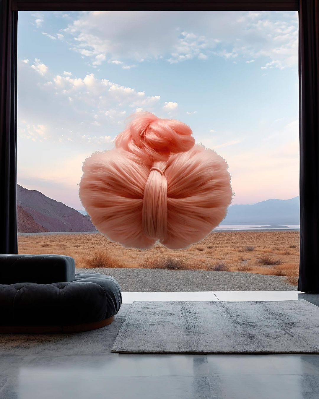 Abstract pink fiber structure floats in an interior setting, viewed through a large window with a desert landscape background and blue sky.