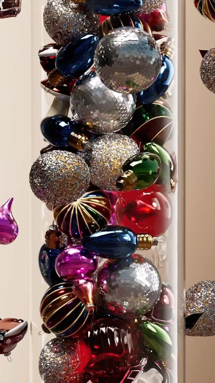 Christmas ornaments fill clear cylinder. Silver disco ball, and green, red, blue bulbs. Holiday decorations for seasonal display.