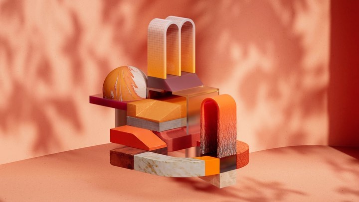 Abstract arrangement of architectural forms featuring arches, cubes, sphere, and rectangular blocks on a peach-colored surface with soft shadows.