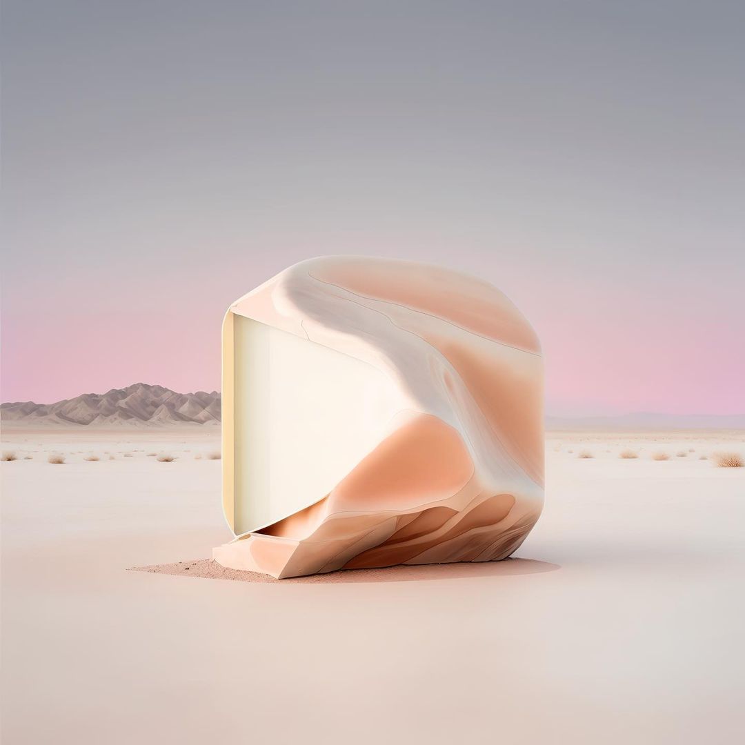 Modern abstract TV or screen sculpture in desert landscape, digital artwork in shades of beige, pink, and white against a pastel sky.