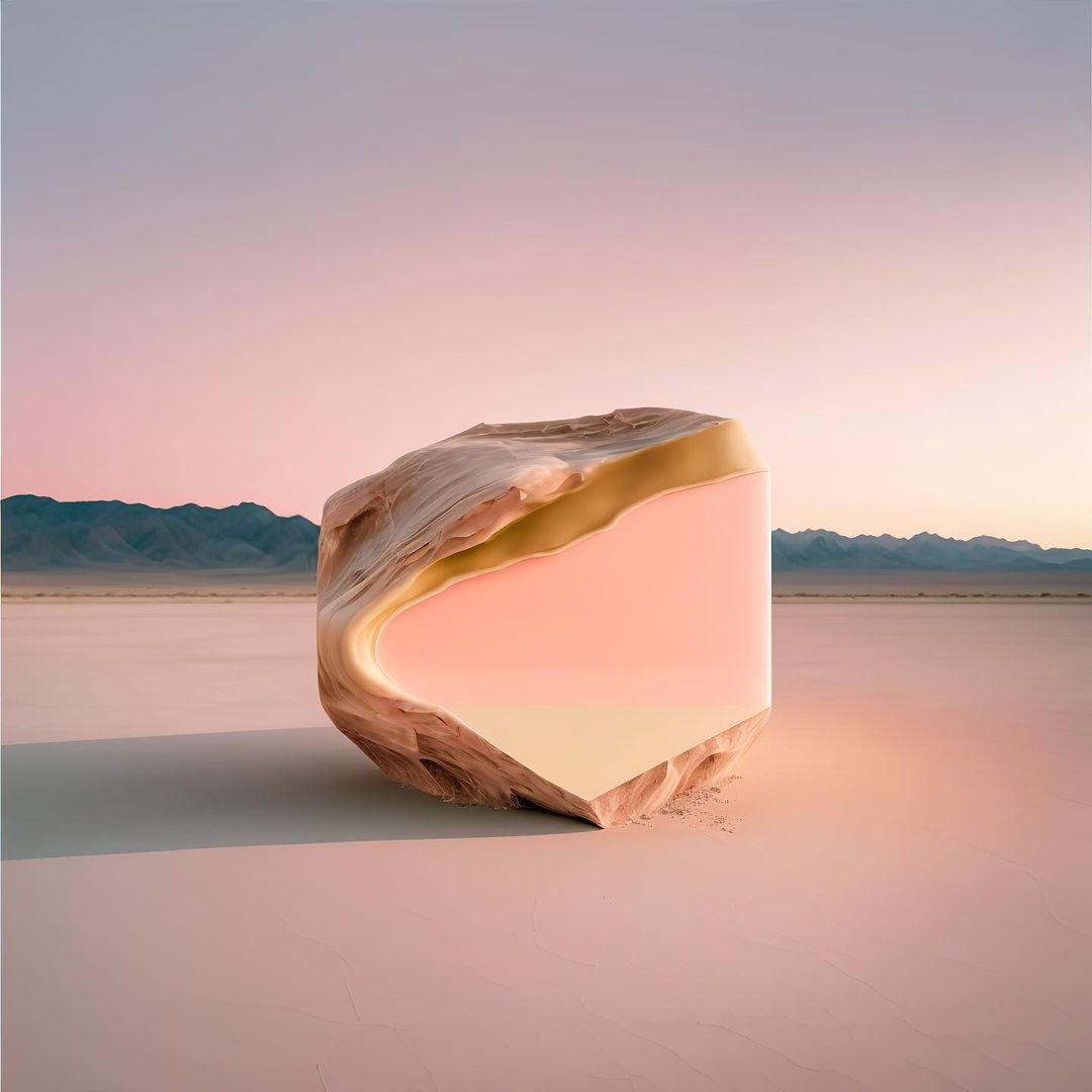 Surreal composition featuring a partially hollow, geometric stone block in a desert landscape with distant mountains under a pastel sky.