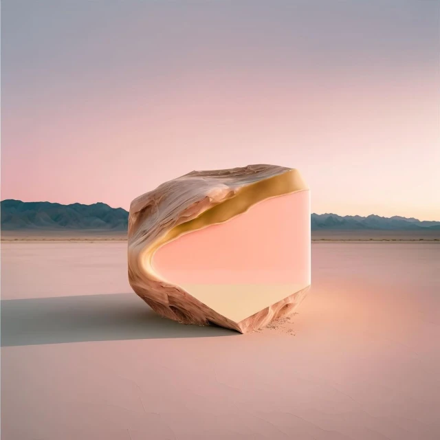 Surreal composition featuring a partially hollow, geometric stone block in a desert landscape with distant mountains under a pastel sky.