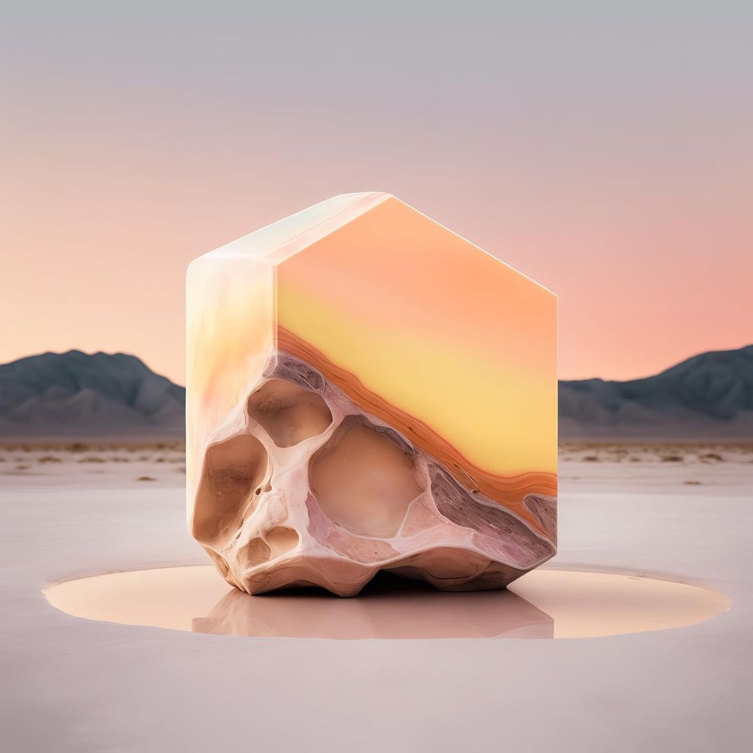 Abstract block-shaped sculpture in a desert environment, featuring layered textures and earthy tones under a pale sunset sky.