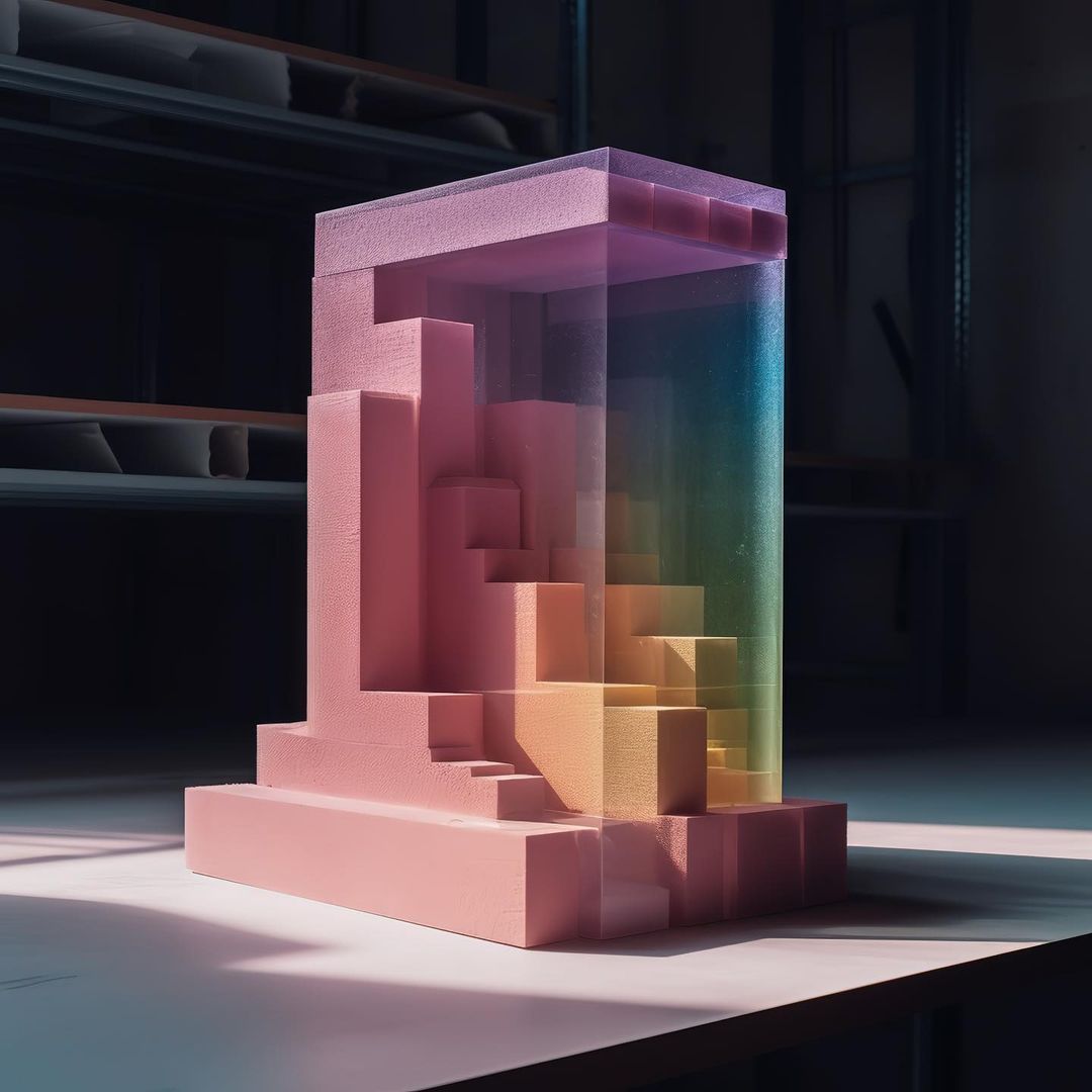 Abstract architectural model with translucent staircase and geometric shapes, showcasing design and precision in a softly lit environment.