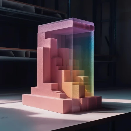 Abstract architectural model with translucent staircase and geometric shapes, showcasing design and precision in a softly lit environment.