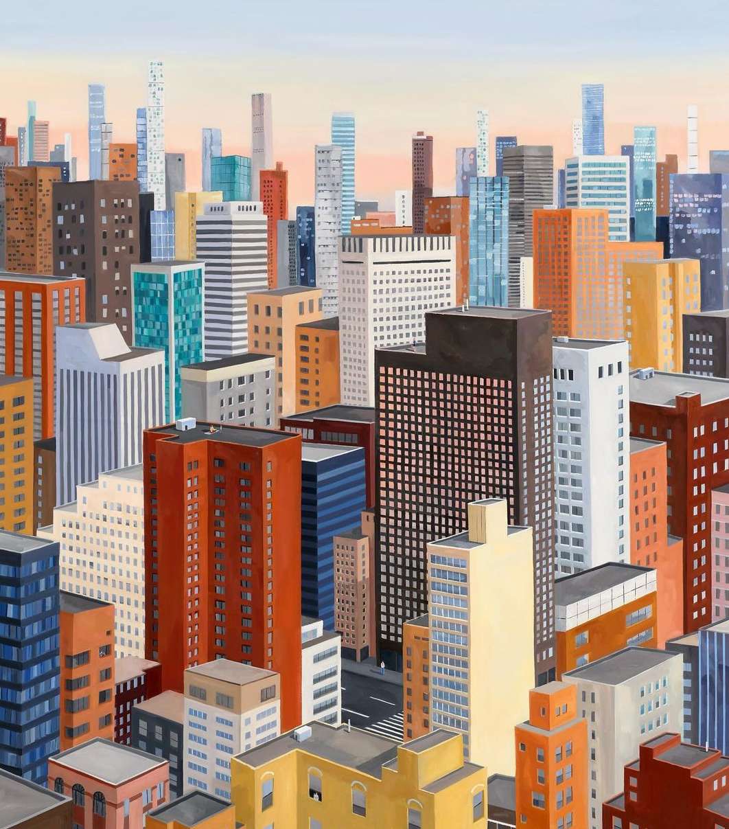 Skyline painting featuring an array of colorful skyscrapers in an urban cityscape, rendered with a textured, brushstroke effect.