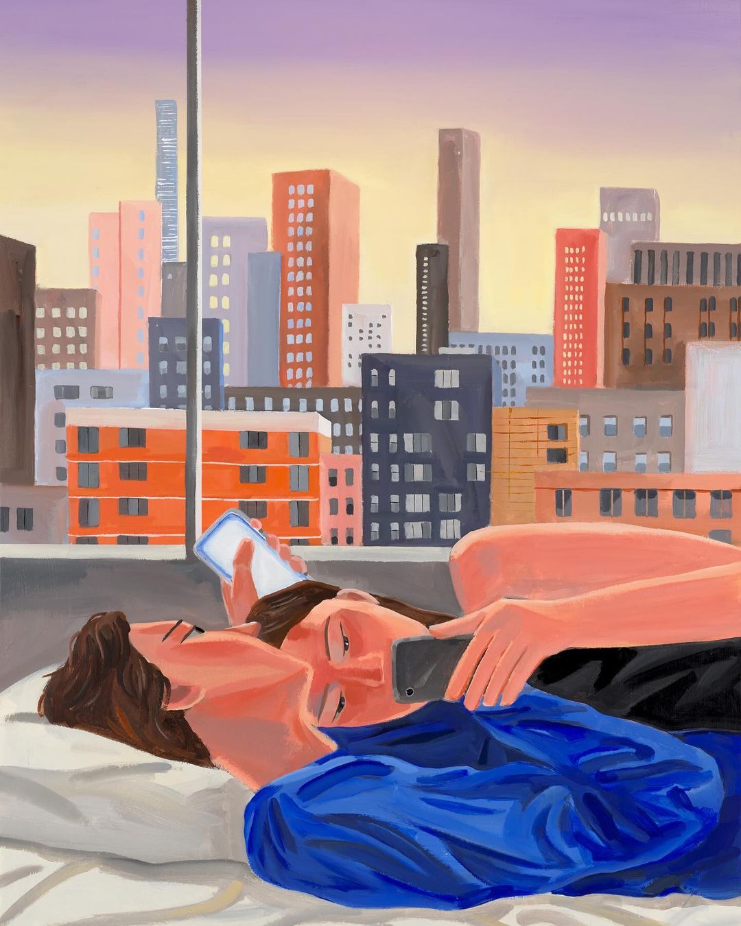 Painting of a couple relaxing in bed, each looking at their smartphones, with a city skyline visible through a window.