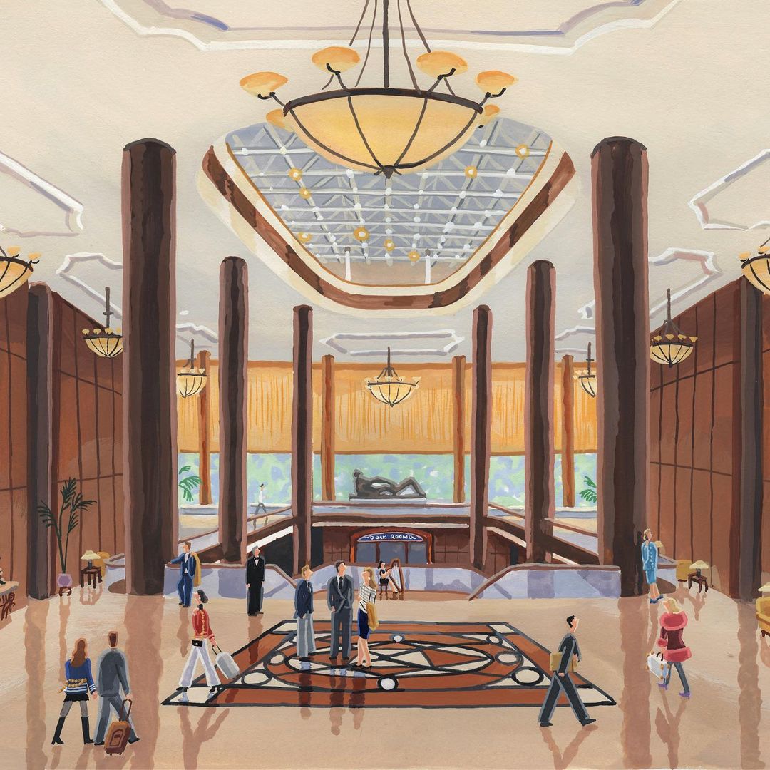 Illustration of a hotel lobby with people, chandeliers, columns, and tile flooring, painted in a contemporary illustrative style.