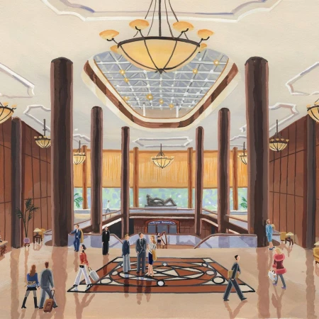 Illustration of a hotel lobby with people, chandeliers, columns, and tile flooring, painted in a contemporary illustrative style.