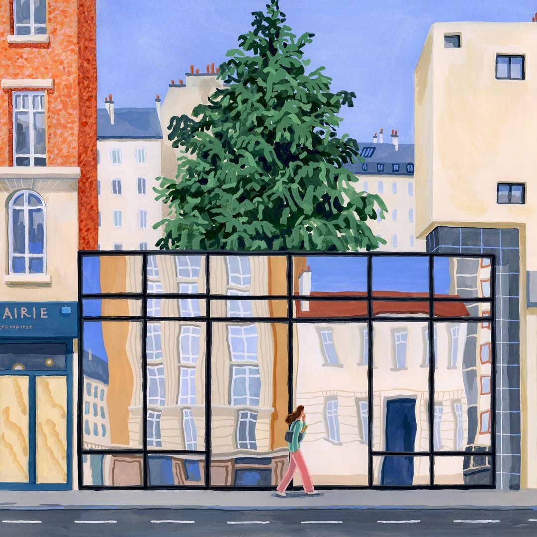 Illustration of a woman walking in an urban environment, reflected in a large window with buildings and trees in the background.