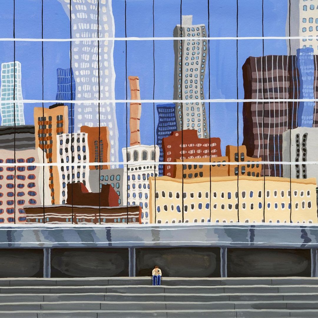 Painted illustration of a person sitting on steps overlooking city buildings, observed through glass windows with horizontal lines.