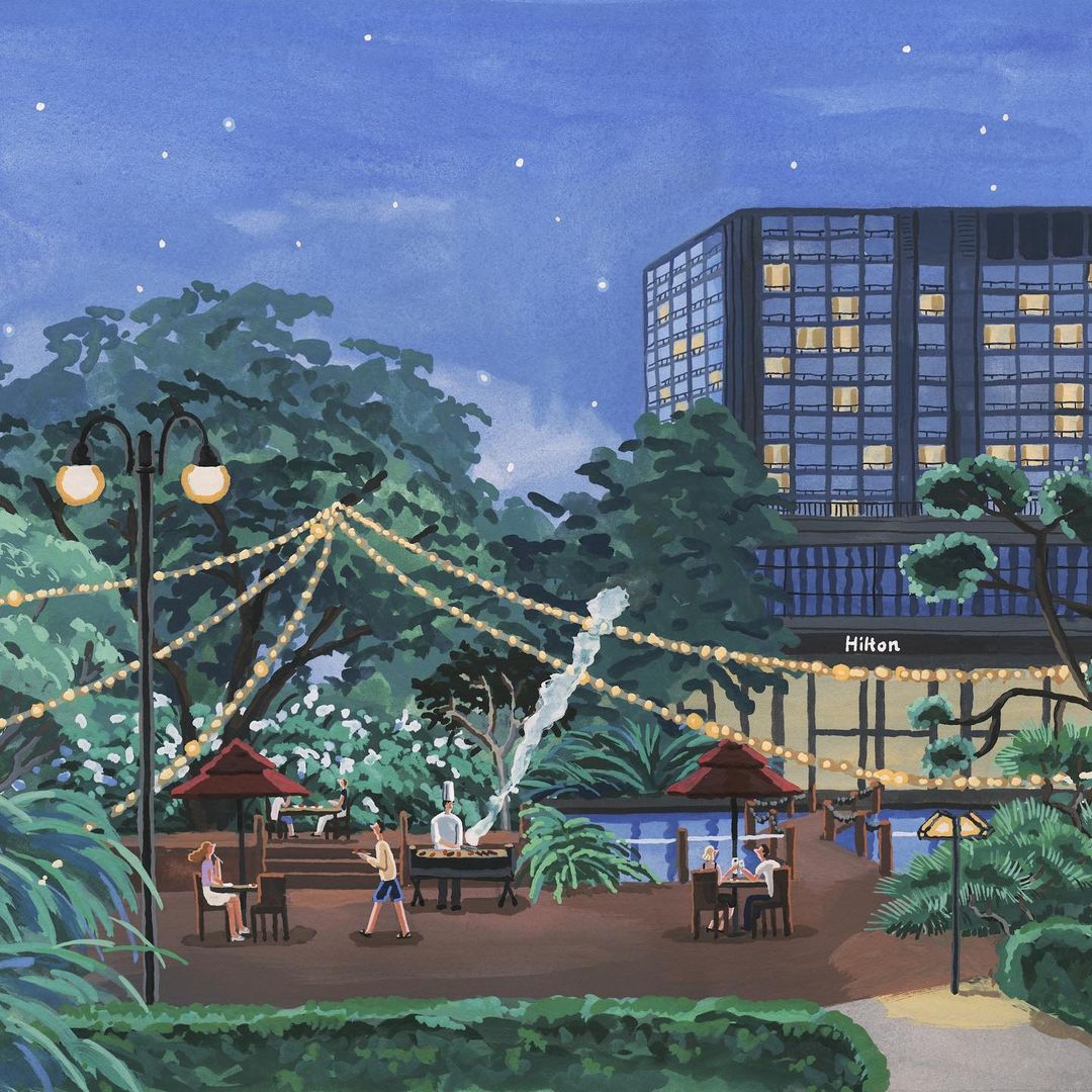 Illustration of an outdoor dining area at night with bistro lighting, a chef at a grill, and a multi-story hotel in the background.