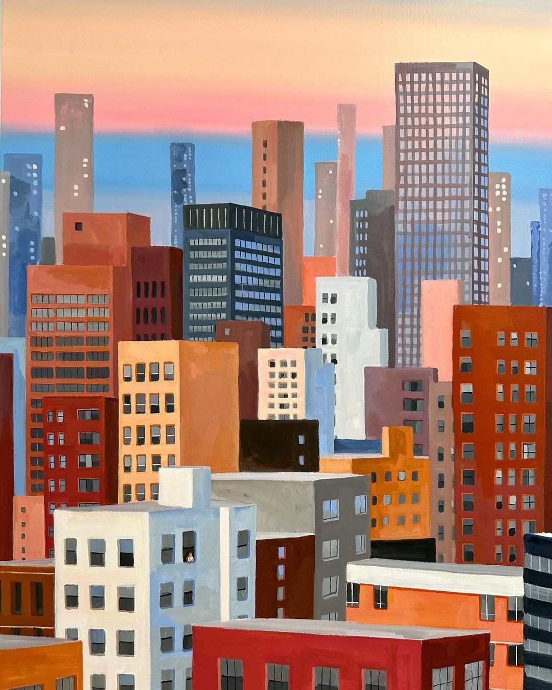 Painting of a dense cityscape with buildings of varied heights and colors under a gradient sky of orange, blue, and pink hues.