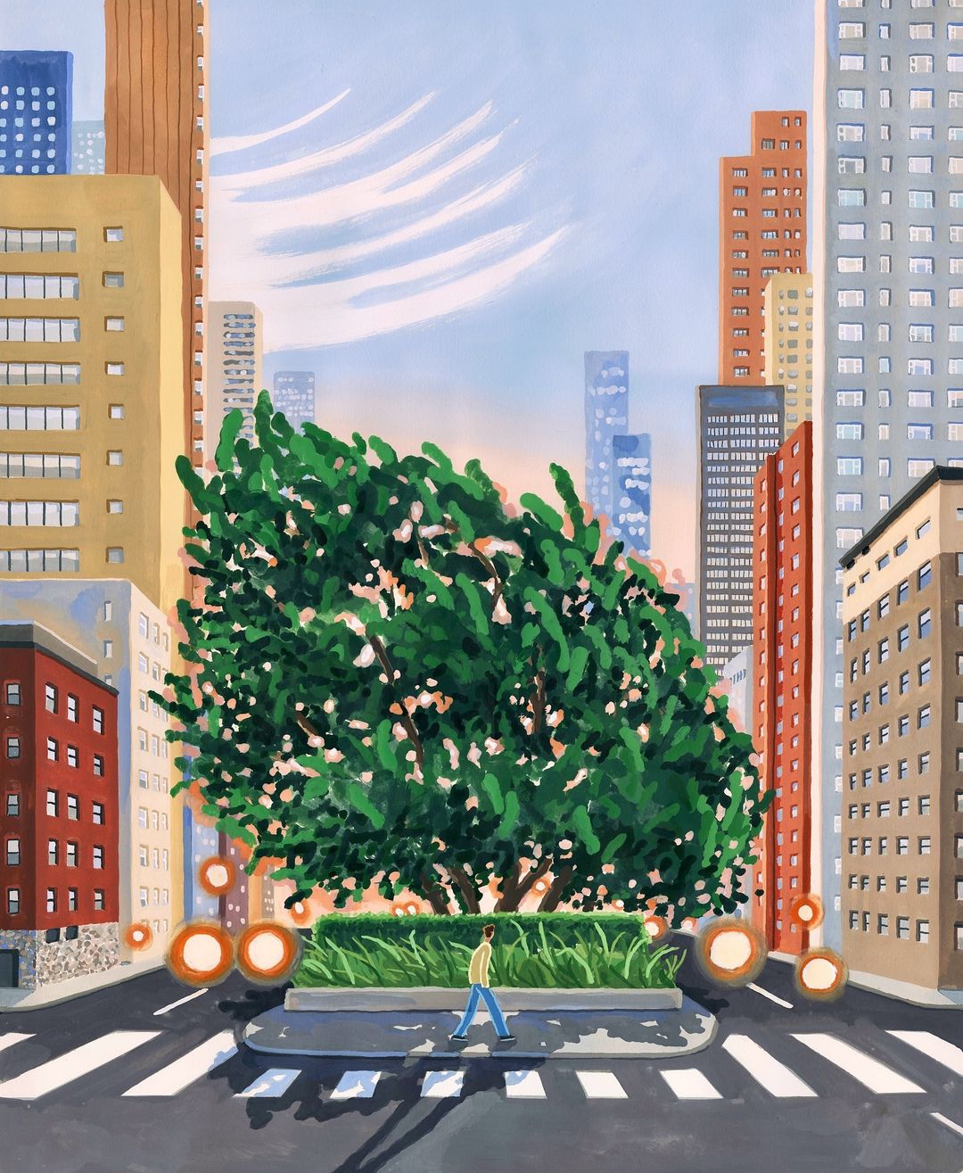 Illustration of a person walking across a crosswalk on a city street with tall buildings and a large tree in the median.