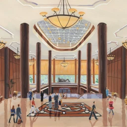 An illustrated architectural interior of a grand hotel lobby featuring tall dark pillars, a large central chandelier, and multiple small figures.