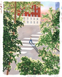 Gouache illustration of a solitary figure walking across a zebra crossing framed by leafy trees and urban architecture by Seula Yi.