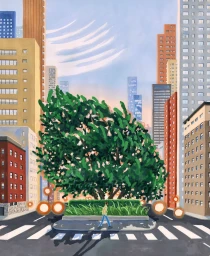 An illustrated urban scene by Seula Yi showing a person walking past a large green tree surrounded by tall city buildings.