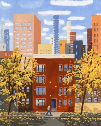 Gouache illustration of a person walking a dog down a city sidewalk lined with yellow trees against a skyline of buildings.