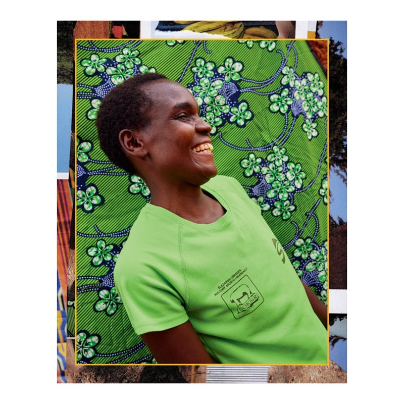 Smiling African woman in a green tee shirt against a vibrant floral background, framed by a collage of diverse images.