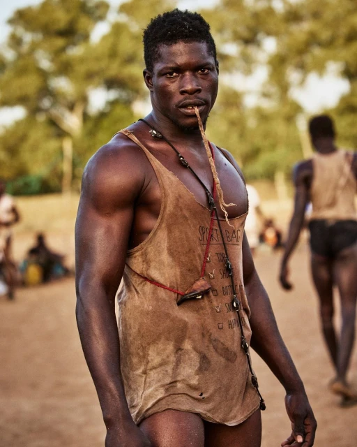 Portrait of an athletic Black man in a brown tank top, outdoors with a tribal accessory in his mouth and other people in the background.