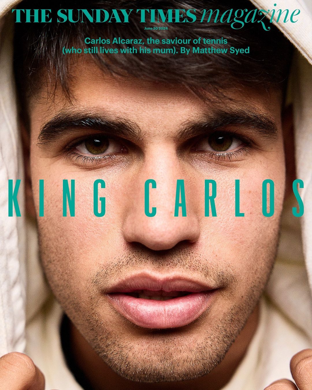 Close-up portrait of Carlos Alcaraz on The Sunday Times magazine cover. The image captures a youthful, intense gaze and natural skin tones.