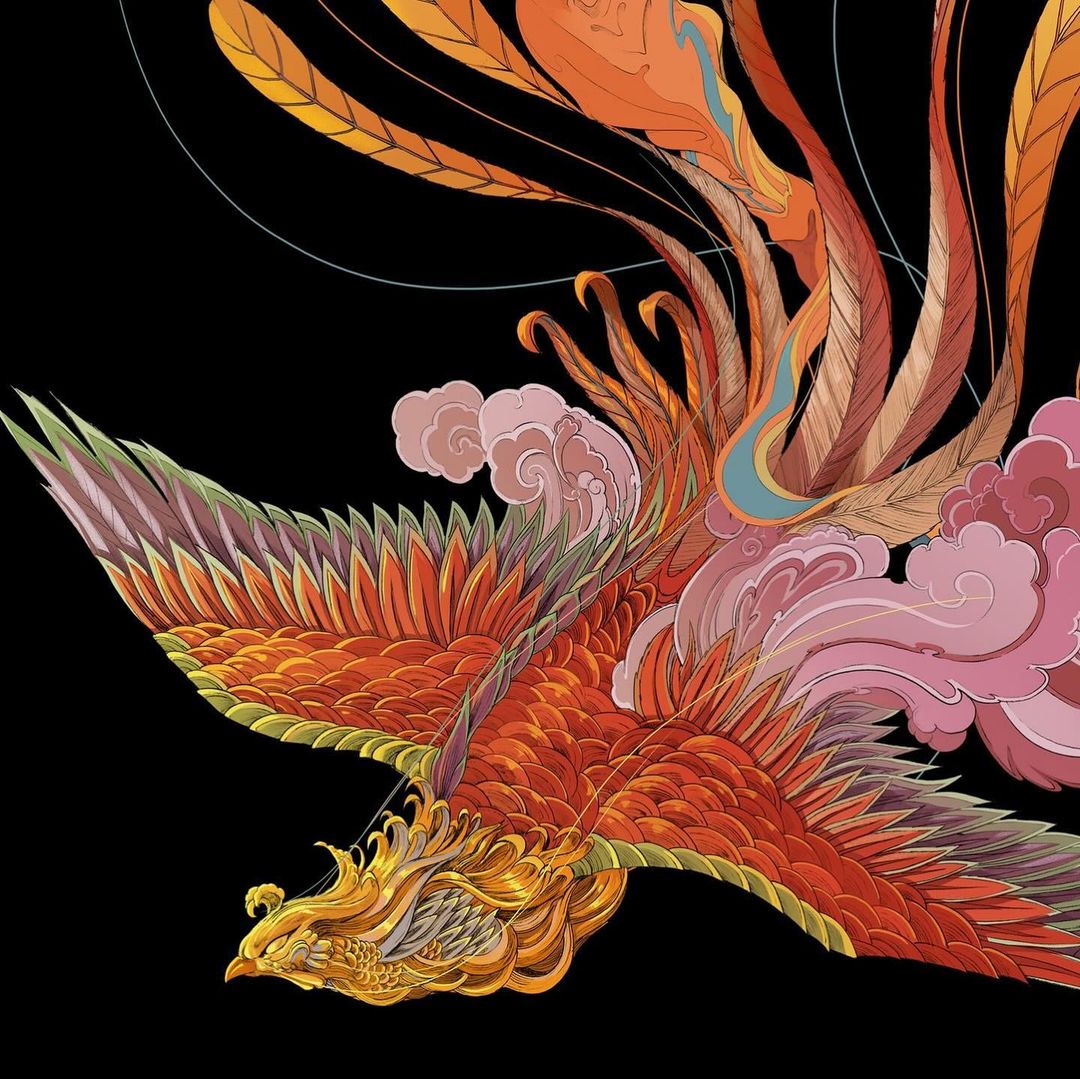 Illustration of a golden and orange phoenix in flight with feathered wings, set against a solid black background with cloud accents.