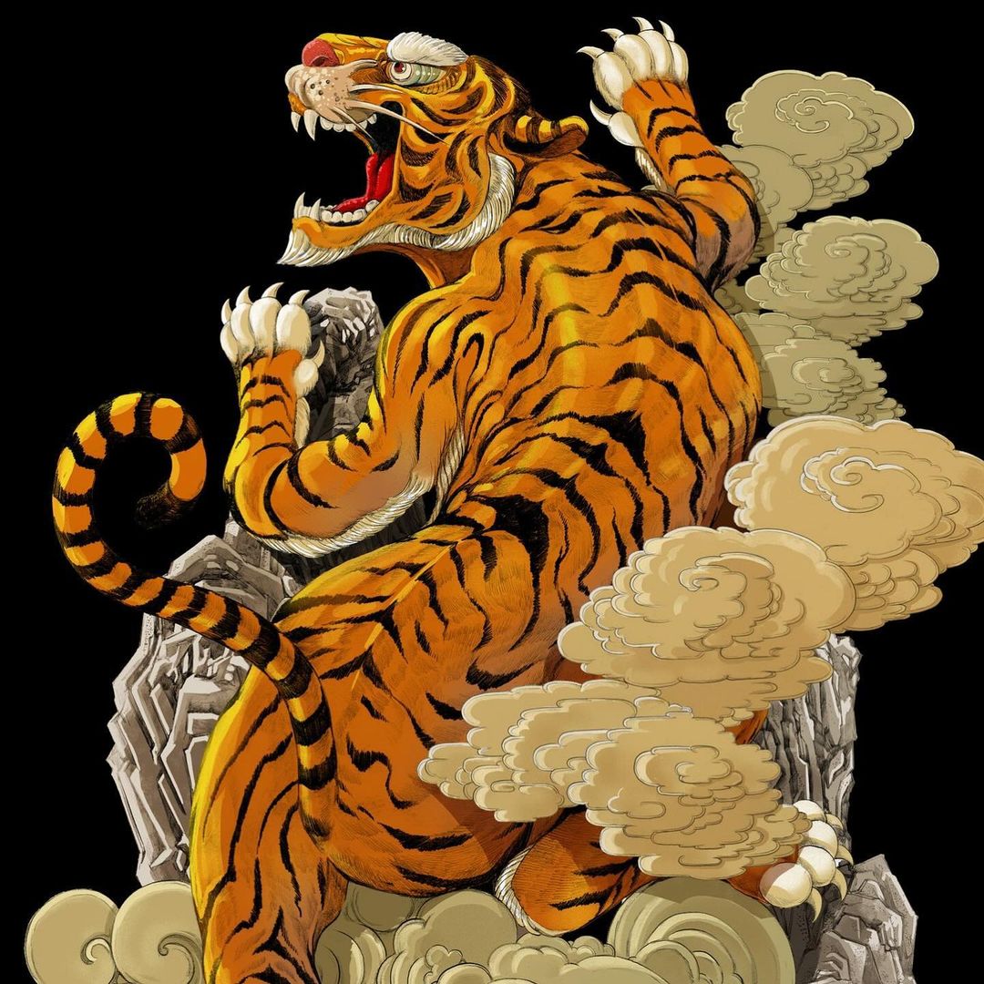 Illustration of an orange and black striped tiger roaring, with clouds and rocks on a black backdrop in an art style.