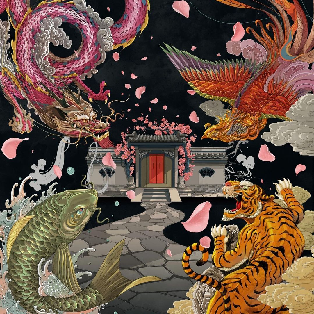 Illustration of a dragon, phoenix, tiger, and koi fish surrounding a building with cherry blossoms, evoking Eastern mythology.