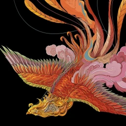 Digital illustration of a mythical orange and red phoenix flying against a solid black background by Shan Jiang