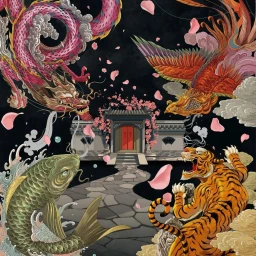 Digital illustration by Shan Jiang featuring mythical creatures including a dragon, phoenix, tiger, and fish around a traditional temple.