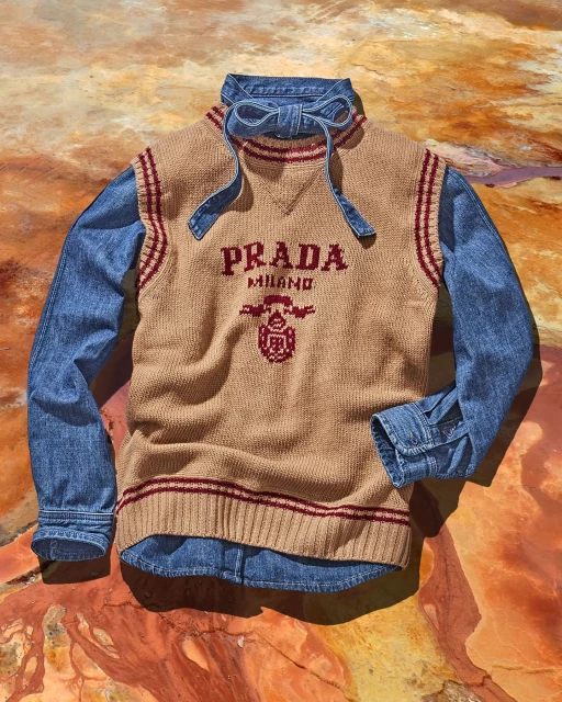 Tan knit Prada sweater vest layered over a blue denim shirt on a mottled brown and tan surface, studio lighting.