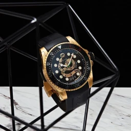 Gold luxury wristwatch with black rubber strap displayed among black geometric wireframe structures